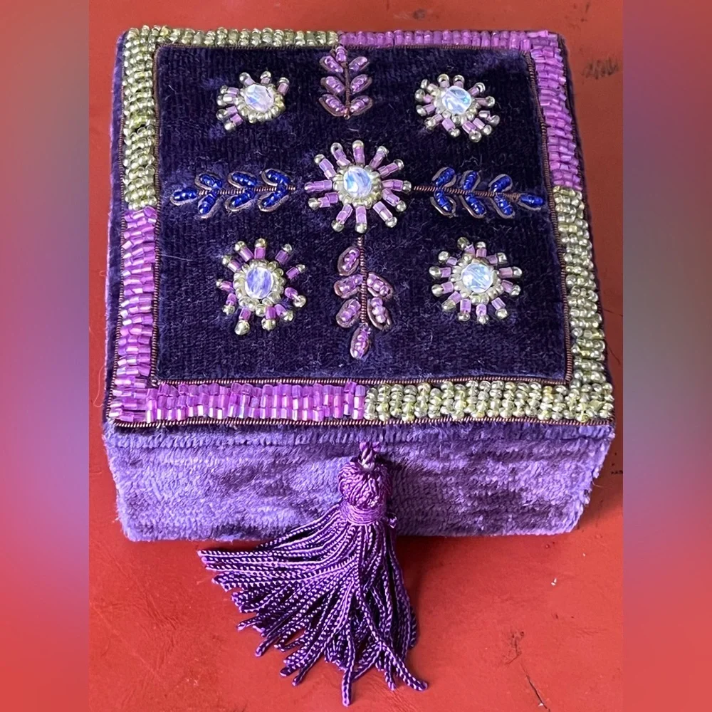 Shakeel's Concepts Purple Embroidered Velvet Jewelry Square Beaded Box